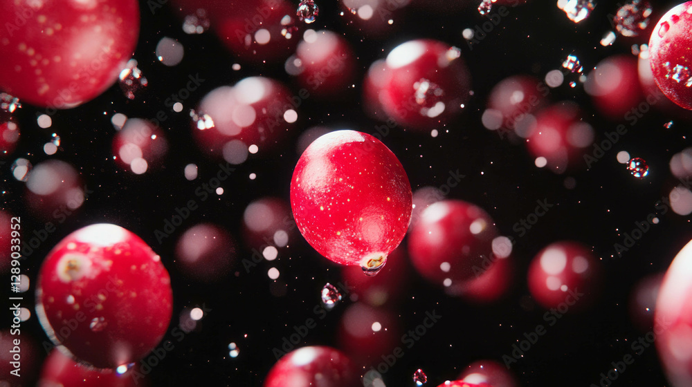 Poster floating cranberries against dark red background for festive design