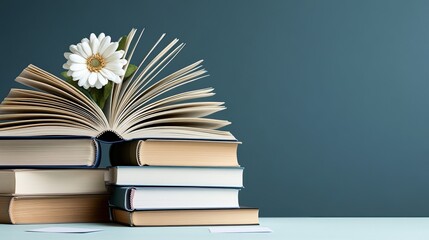 Fototapeta premium Colorful books with open pages sit among flowers and sticky notes, providing a bright, inviting workspace perfect for creative projects
