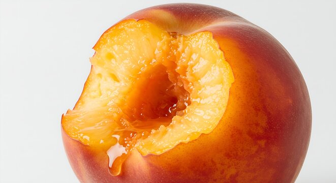 A peach with a bite taken out of it, showcasing its juicy flesh on a white background
