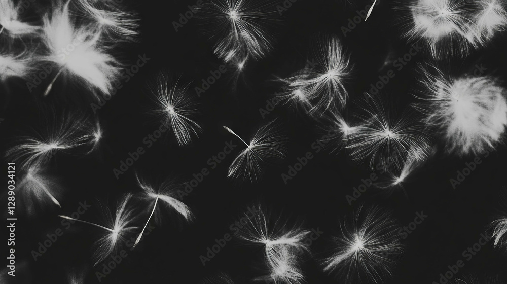 Poster floating dandelion seeds on dark background for nature and tranquility designs