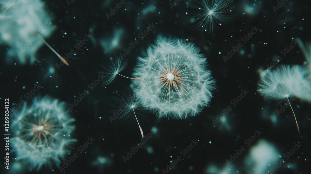 Poster serene nature background with floating dandelion seeds for relaxation theme