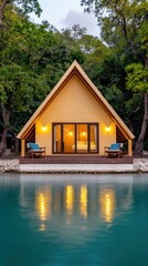 Fototapeta premium Tranquil lakefront cabin retreat serene forest setting peaceful environment wide angle view relaxation concept