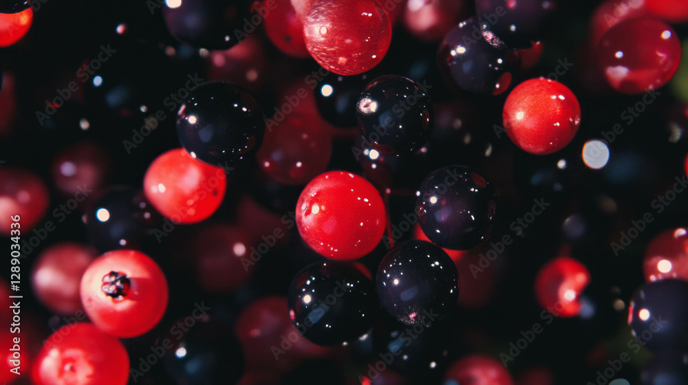 Poster Dark red and black floating berries in abstract background for artistic display