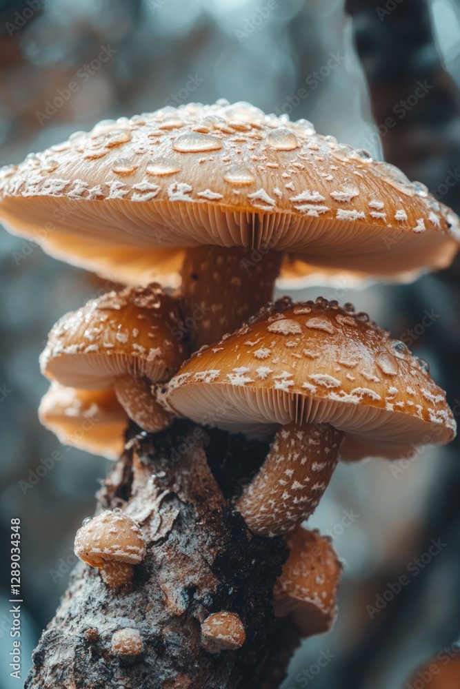 Poster A cluster of mushrooms perched on the edge of a tree branch, offering a unique and whimsical sight