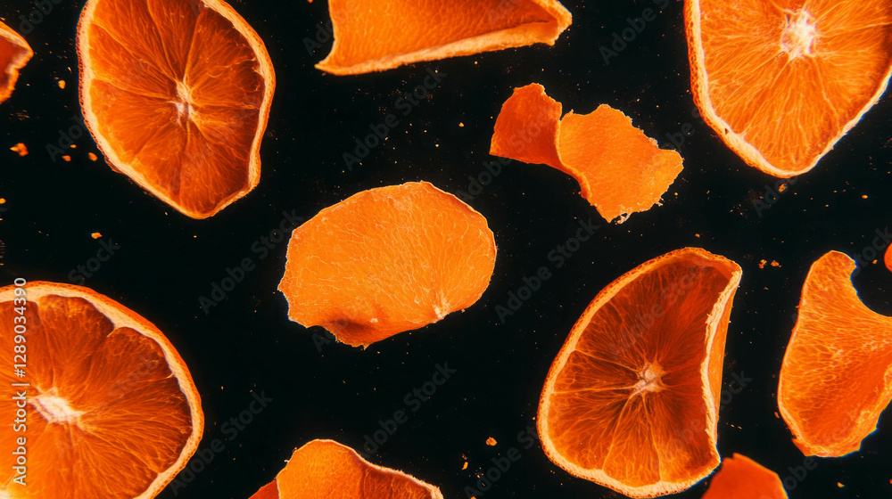 Poster vibrant background of floating dried orange peels and slices for creative design