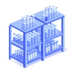 A space laboratory cabinet containing test tubes, beakers, and flasks for experiments, set against a white background