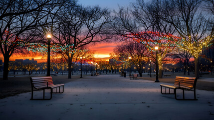 Naklejka premium Winter Park Sunset with Colorful Lights