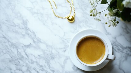 Lottery prize ticket on a marble table with a luxury coffee cup and a gold necklace. Featuring indulgence and reward