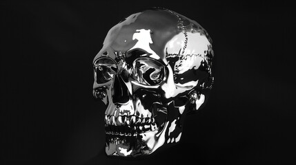A highly detailed silver skull set against a deep black background, designed for a striking computer screensaver. The metallic surface of the skull reflects subtle highlights, emphasizing its smooth y
