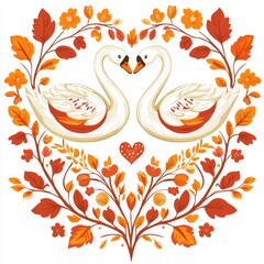 Obraz premium Scandinavian Folk Art features a love heart with two swans. It's a heart-shaped ornament adorned with flowers and swans on a white background, designed as a simple decoration