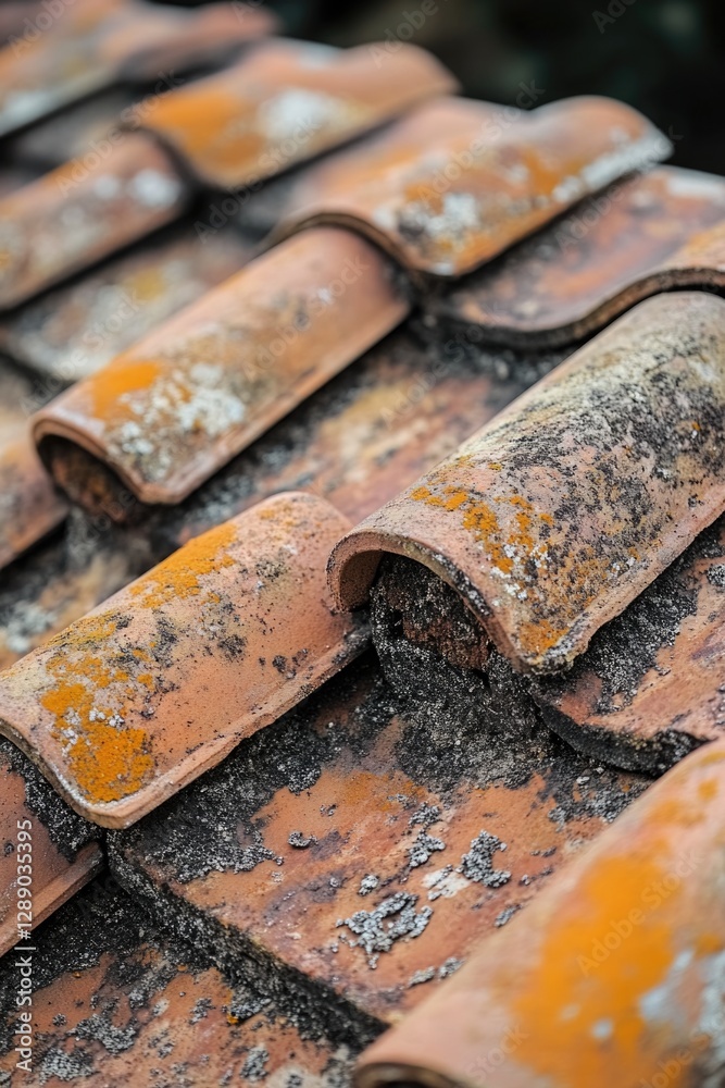 Poster Close-up of a tiled roof with orange paint, suitable for use in architectural or design context