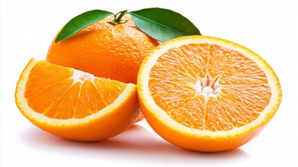 Fototapeta premium Cała i przekrojona pomarańcza z liściem na białym tle