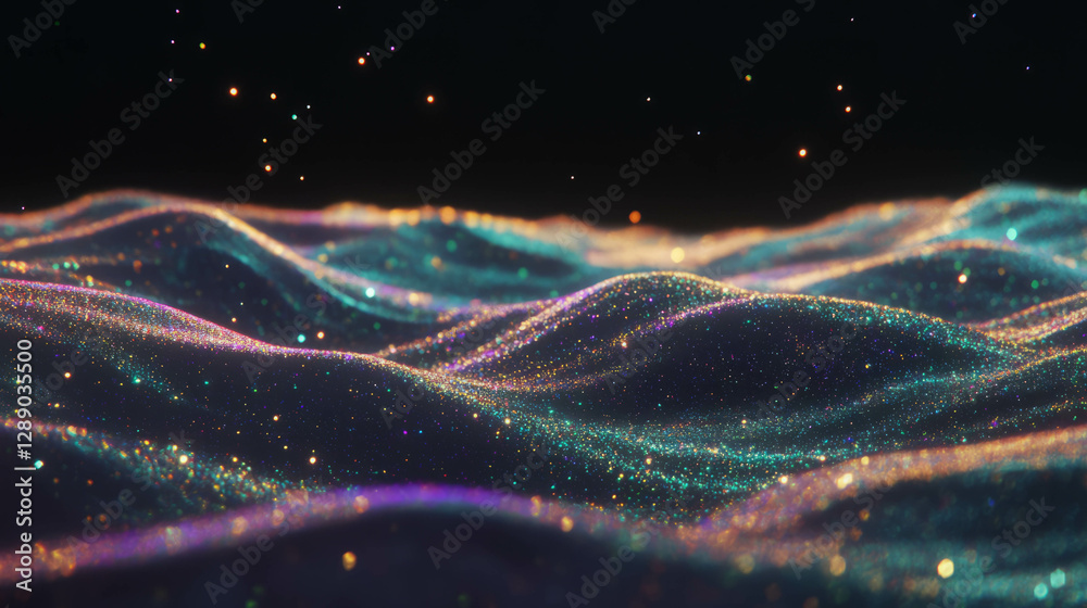 Poster ethereal glittering waves against a dark background for elegant design