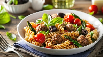 Pasta. Rotini Pasta with Meatballs, Asparagus, and Olives, Italian Pasta, Tender Meatballs, and Fresh Vegetables Isolated on Background with Copy Space. Italian Food Concept with Copy Space
