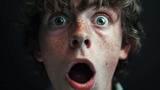 A close-up of a male face displaying an expression of pleasant shock. His wide eyes and raised eyebrows convey excitement and surprise, while his slightly open mouth enhances the sense of astonishment