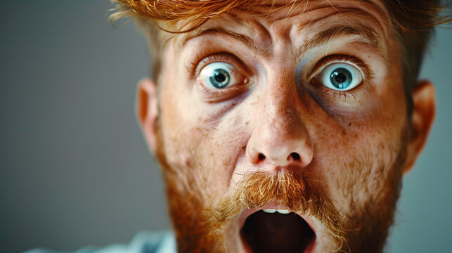 A close-up of a male face displaying an expression of pleasant shock. His wide eyes and raised eyebrows convey excitement and surprise, while his slightly open mouth enhances the sense of astonishment