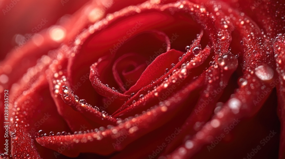 Poster a close-up view of a red rose with tiny water droplets on its petals