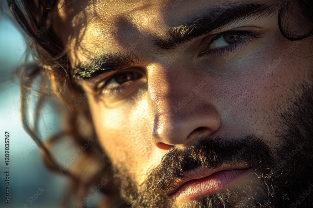 Poster a close-up shot of a man's face with a long beard, suitable for use in images about individuality or
