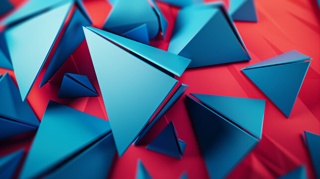 A striking 3D composition featuring sharp, glowing blue triangles set against a bold red background. The triangles appear to float or intersect at various angles, creating a sense of depth and dimensi