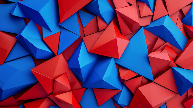 A striking 3D composition featuring sharp, glowing blue triangles set against a bold red background. The triangles appear to float or intersect at various angles, creating a sense of depth and dimensi
