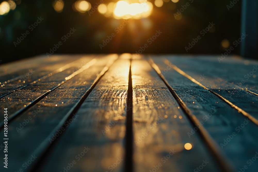 Poster a close-up shot of a wooden table with warm sunlight shining through the background, great for use i