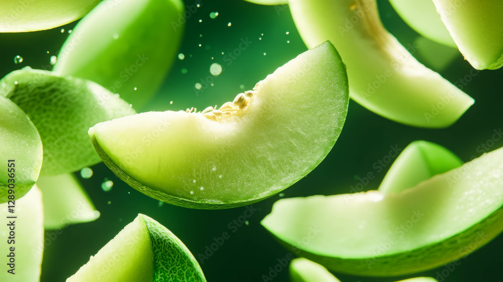 Poster fresh green honeydew melon slices floating on vibrant background