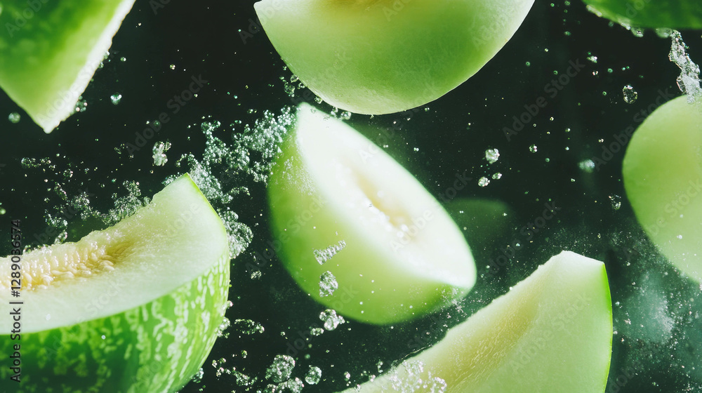 Poster Refreshing background with floating honeydew melon slices and water splashes