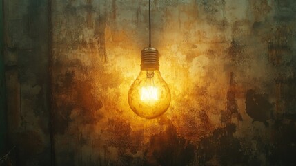 Vintage incandescent light bulb glowing against rustic textured wall, creating a warm and nostalgic ambiance. Interior design and retro decor concept