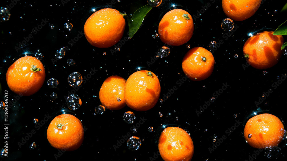 Poster vibrant floating kumquats and oranges with water bubbles on dark background