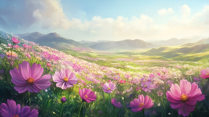 Obraz premium Blooming Cosmos Flowers Dancing in the Breeze, Beautiful Floral Meadow with Swaying Cosmos Flowers
