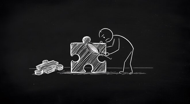 Chalkboard-Style Stick Figure Inspecting a Giant Puzzle Piece with a Magnifying Glass &ndash; Problem-Solving and Discovery Concept