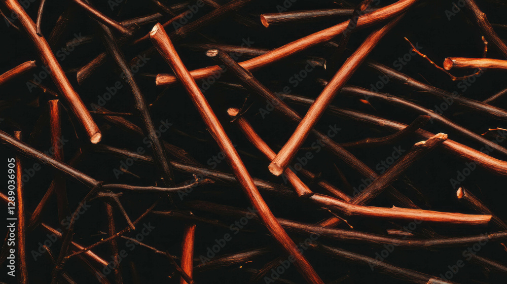 Poster Dynamic arrangement of floating licorice sticks on dark background for creative design