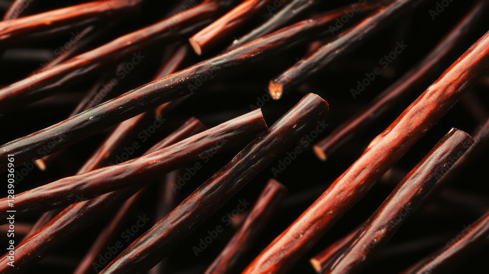 Poster floating licorice sticks on dark background texture for creative design