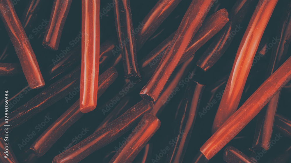Poster Abstract design with floating red licorice sticks on dark background