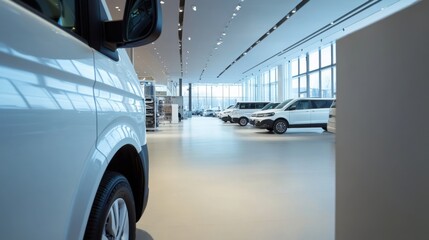 A car showroom displaying electric family vans. Featuring practicality and sustainability