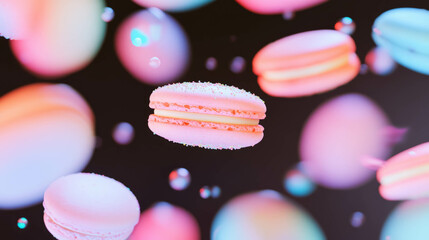 Obraz premium Colorful floating macarons on pastel background for dessert themes