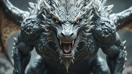 Mystical portrait of a screaming silver dragon, power and rage