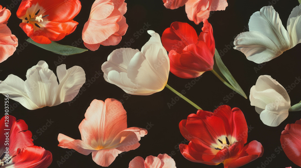 Poster vibrant background of floating multicolored tulip petals for creative designs