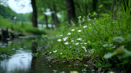 Naklejka premium White Flowers by the Stream in Lush Green Forest