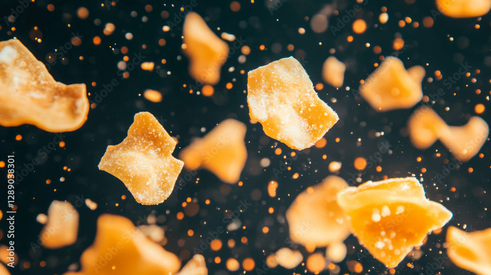 Poster floating peanut brittle pieces in motion on dark background for creative design