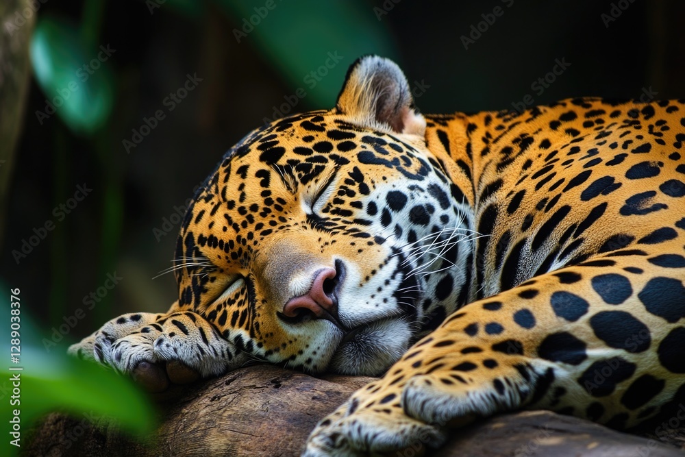 Poster A close-up view of a leopard relaxing on a log, its fur blending with the surrounding environment