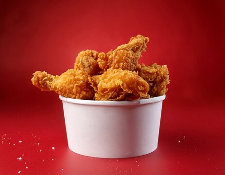 Fotograf&iacute;a de estudio profesional pollo frito en un cubo redondo de carton blanco, en fondo rojo limpio estilo 4k, ultra realista