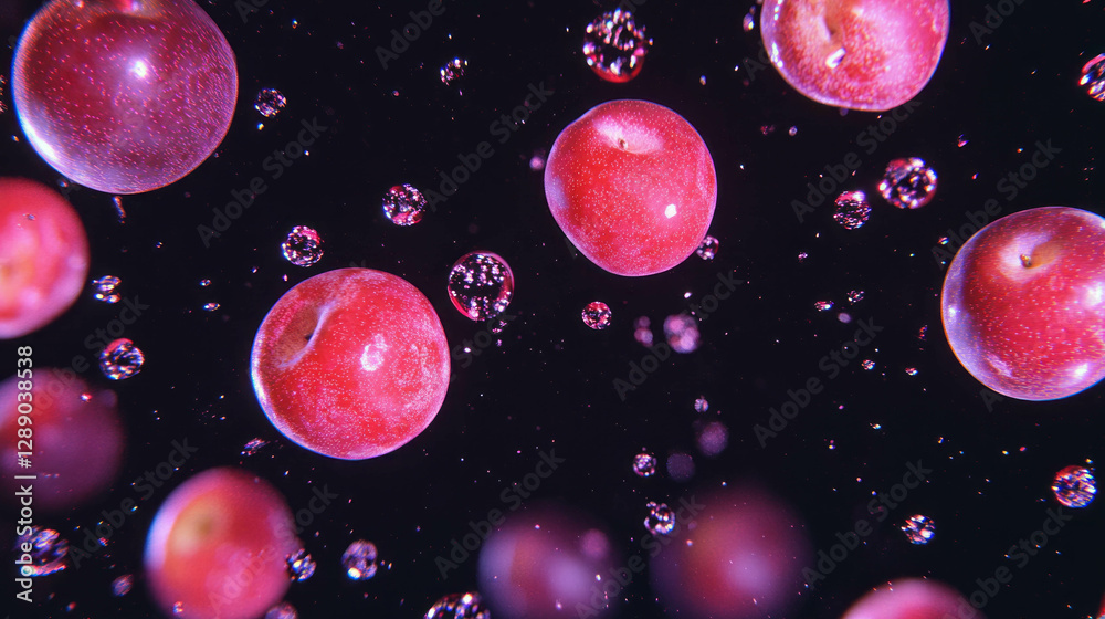 Poster floating plums on dark purple background with sparkling bubbles for creative design