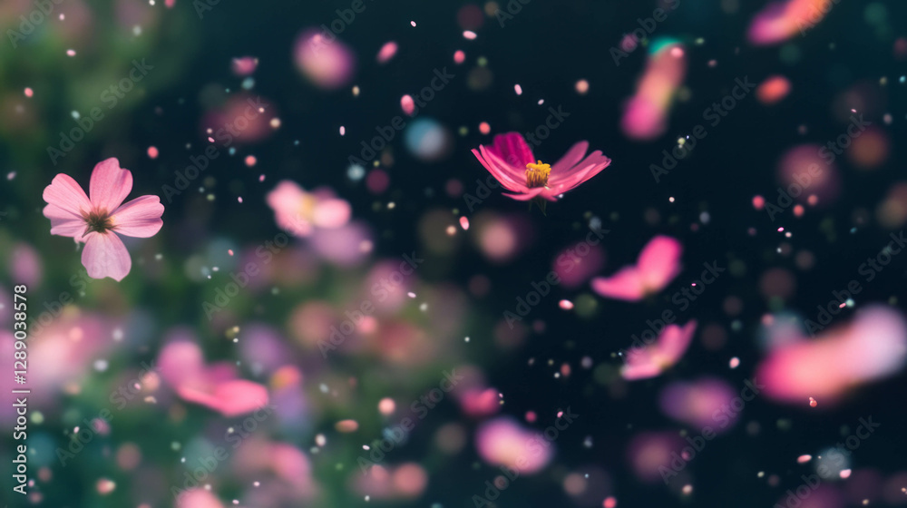 Poster serene floral background with floating pollen and soft blurred movement for nature-themed designs