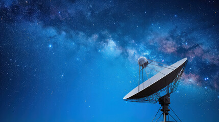 Large satellite dish pointing toward a starry night sky, representing space exploration, communication technology and astronomy research.