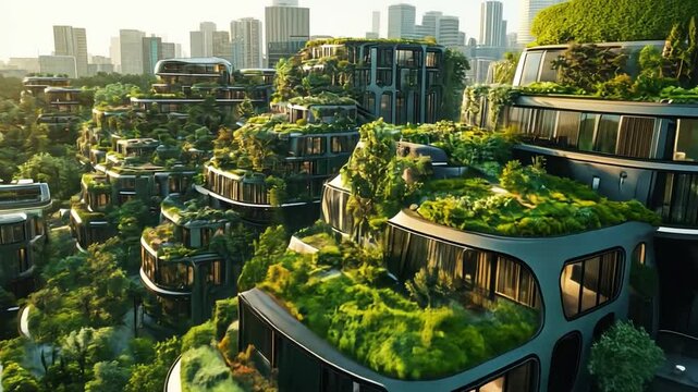 Sustainable Cityscape: a futuristic eco-city, designed to integrate nature and architecture, offers a vision of urban sustainability, with green roofs and facades. 