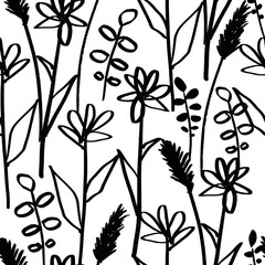 Bohemian seamless pattern with abstract hand drawn flowers and leaves. Minimalist linear botanical background. Fashion design for your textile and fabric, wrapping, etc.