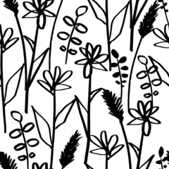 Bohemian seamless pattern with abstract hand drawn flowers and leaves. Minimalist linear botanical background. Fashion design for your textile and fabric, wrapping, etc.