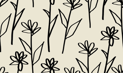 Bohemian seamless pattern with abstract hand drawn flowers. Minimalist linear botanical background. Fashion design for your textile and fabric, wrapping, etc.