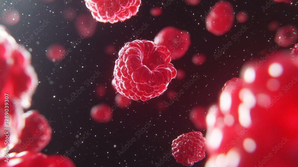 Poster floating red raspberries in bright background for fresh summer design